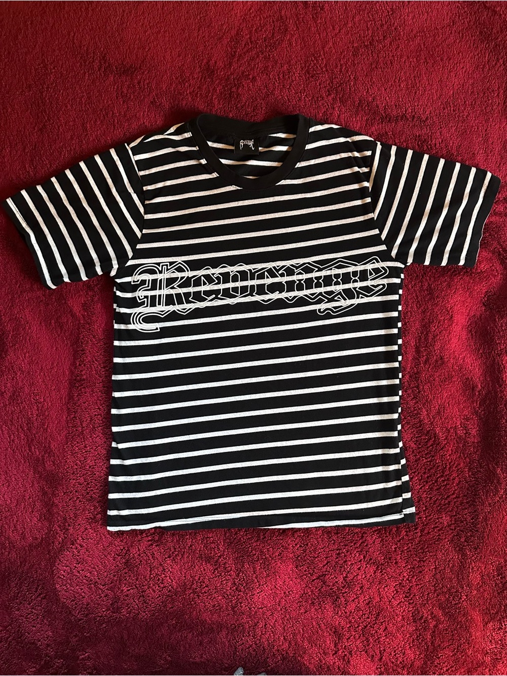 Revenge Clothing Black & White Striped Tee with Script Logo